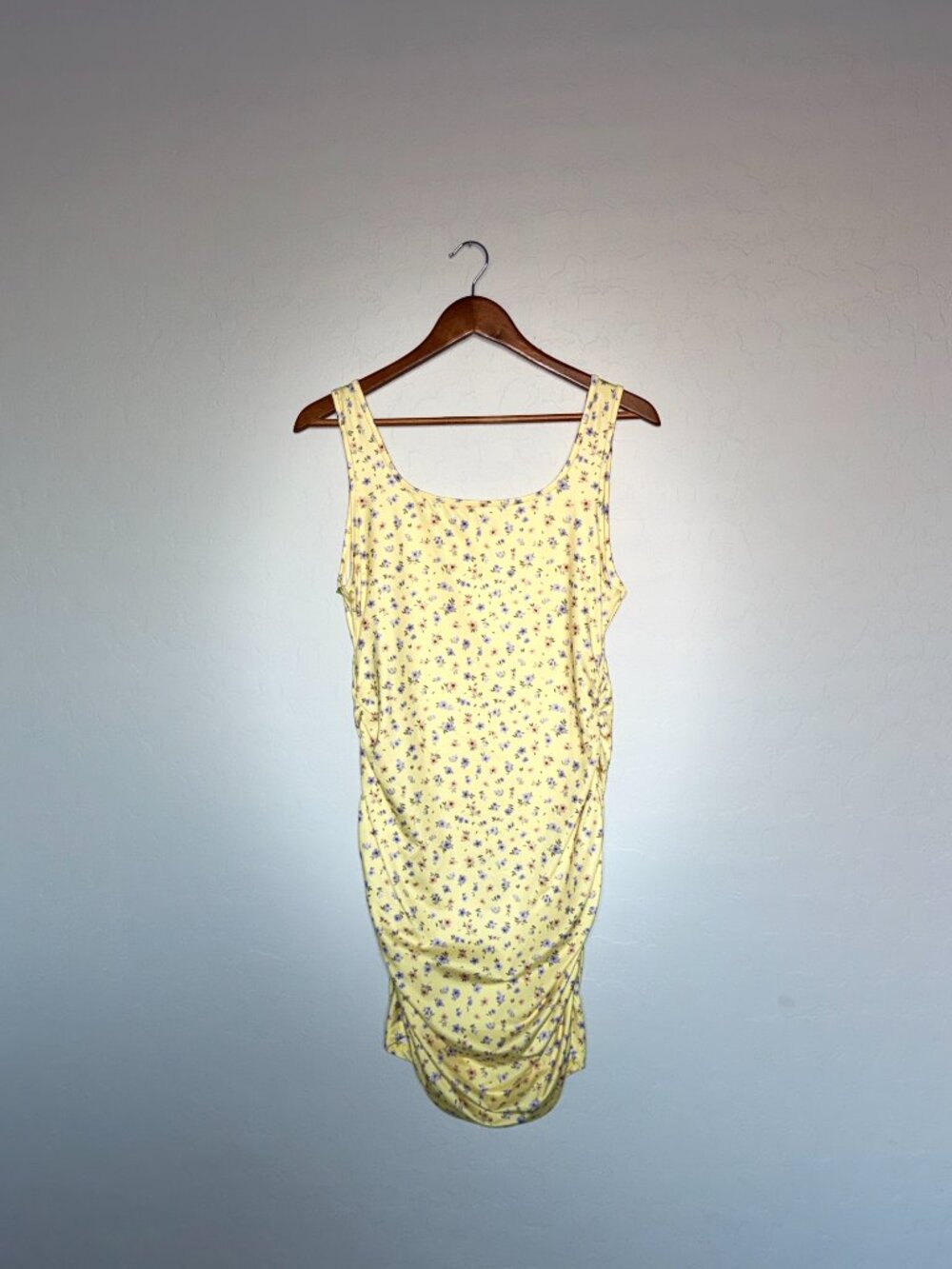 Floral Yellow Bodycon Ruched Sides High-Low Dress Floral Pattern Summer Spring - Picture 12 of 12